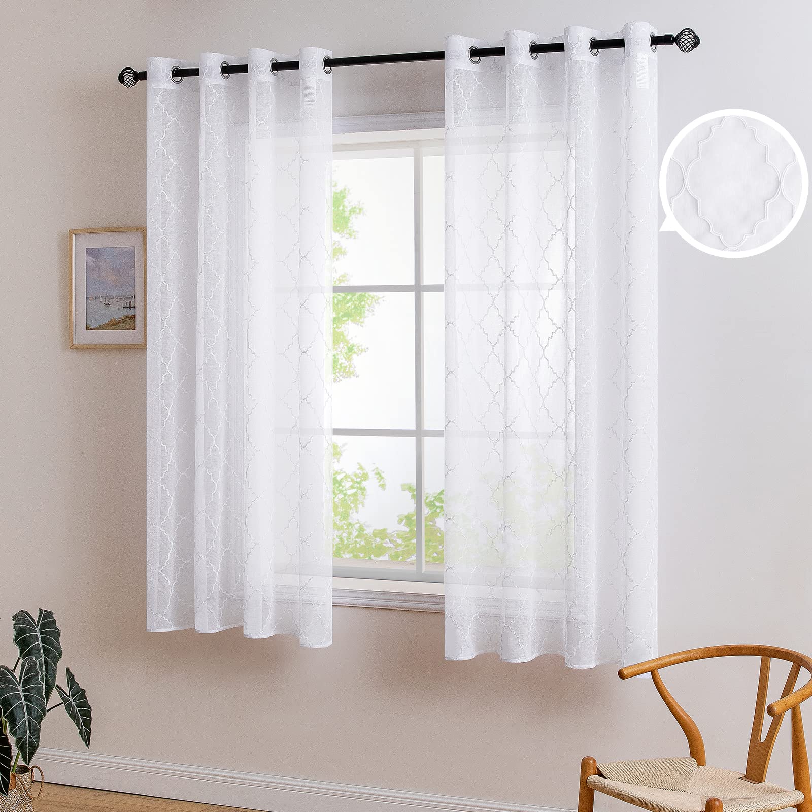 MIULEE Sheer Voile Moroccan Translucent Window Curtains Draperies for Bedroom Eyelet Top Voile Polyester Decor for Living Room Nursery 2 Panels 55" Wx57 L Morocco White