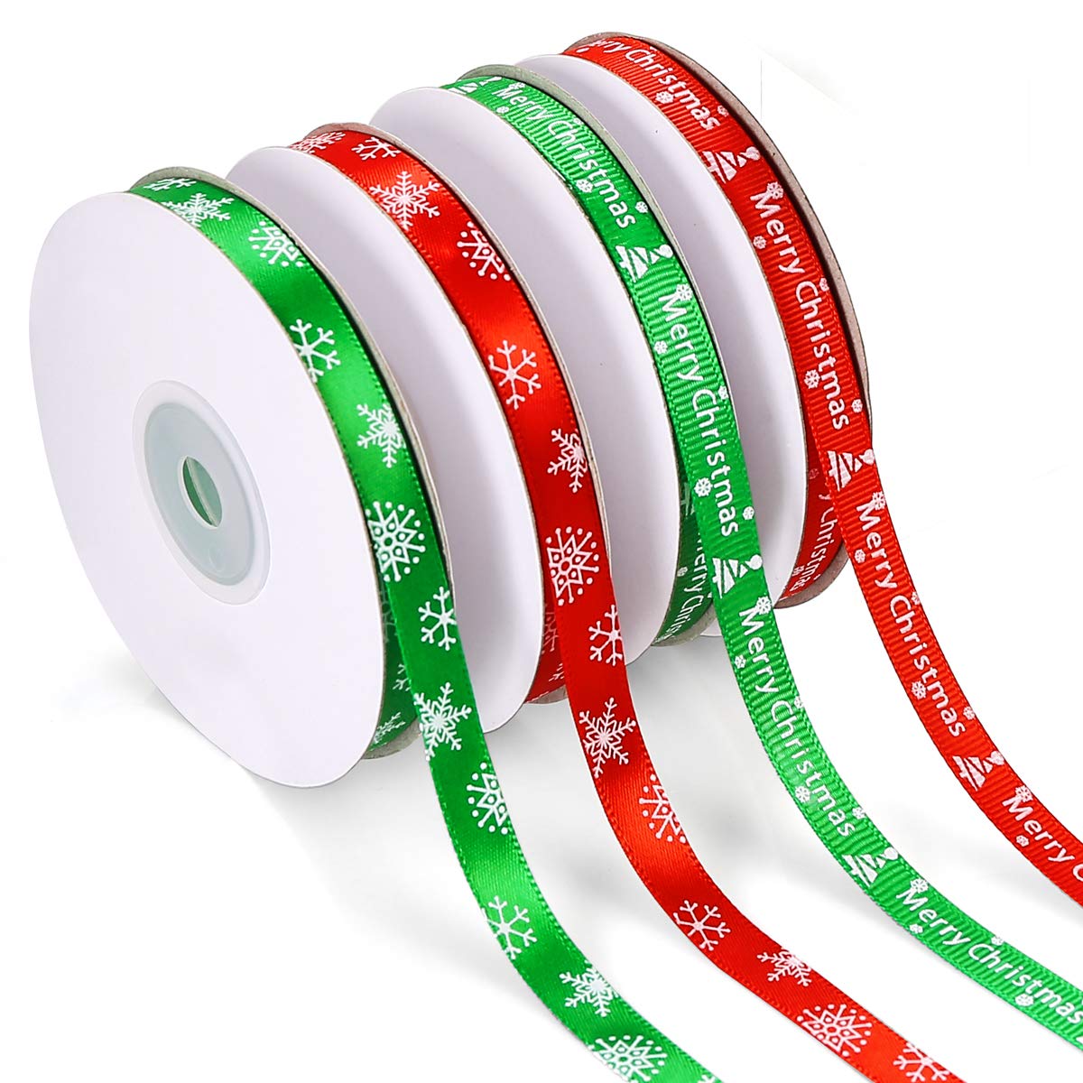 4 Rolls Christmas Ribbon Xmas Satin Ribbon Snowflake Grosgrain Ribbon for Gift Wrapping Decor, 100 Yards in Total