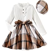 HINTINA Toddler Girls Dresses Long Sleeve Rib Knit Patchwork Belted Dress with Hat