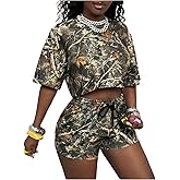 SOLY HUX Women's Summer 2 Piece Outfits Camo Short Sleeve Crop Tops and Drawstring Shorts Vacation Streetwear