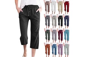 SMIDOW Capri Pants for Women Casual 2025 Summer Drawstring Elastic High Waist Linen Pant Straight Wide Leg Cropped Trouser