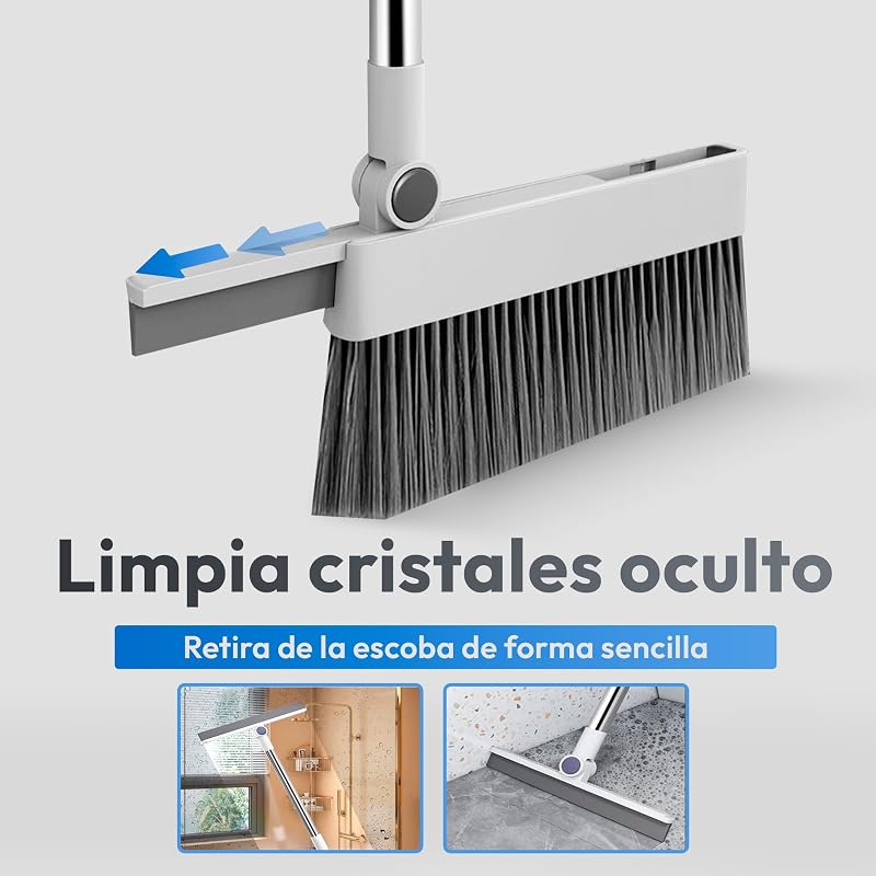 Escoba y Recogedor Plegable 3 en 1 con Cepillo Extraíble y Limpiacristales Oculto - Mango Telescópico de 126 cm y Rotación de 180º - Limpieza del Hogar Oficina