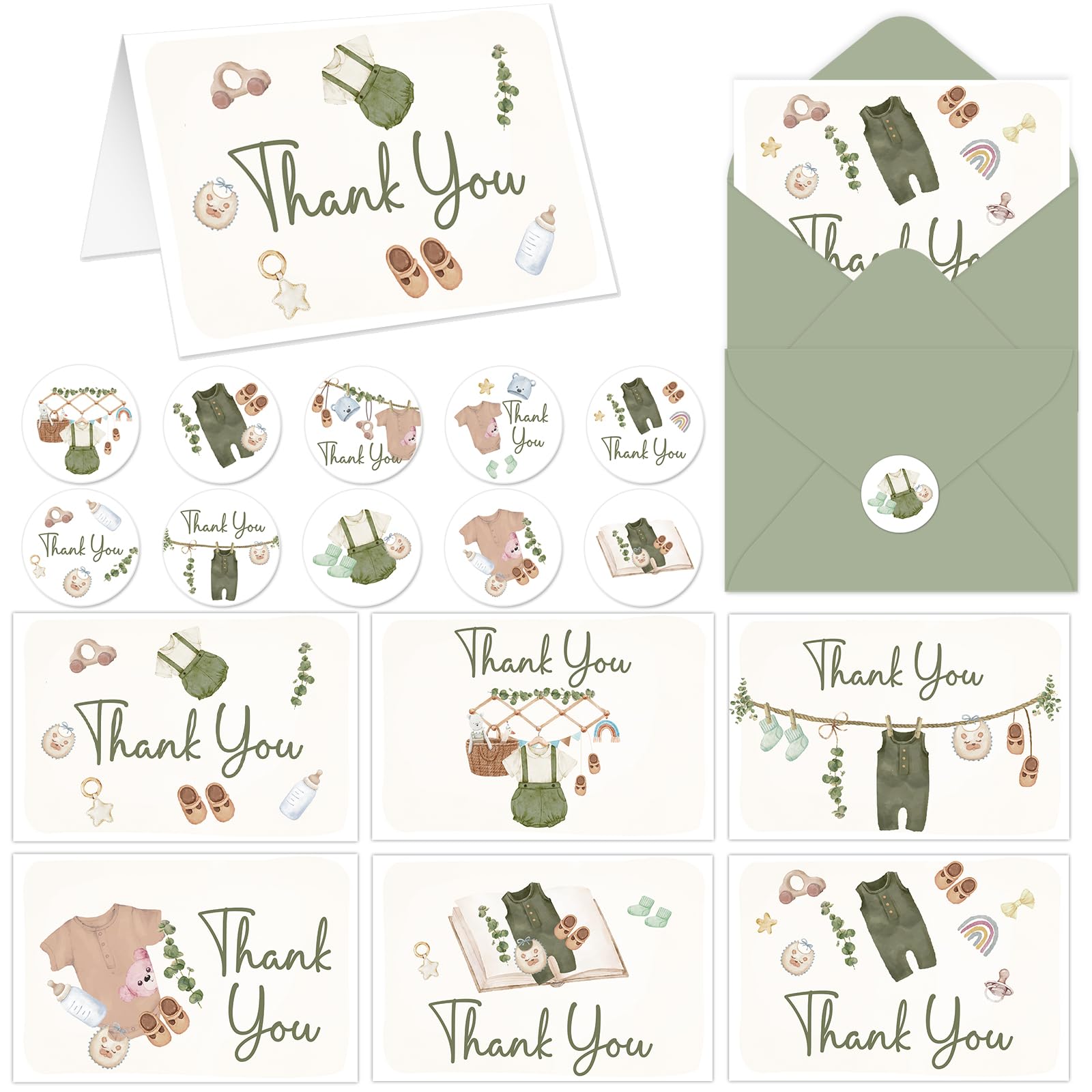 48 Pack Baby Shower Thank You Cards Vintage Green Clothes Note Cards ...