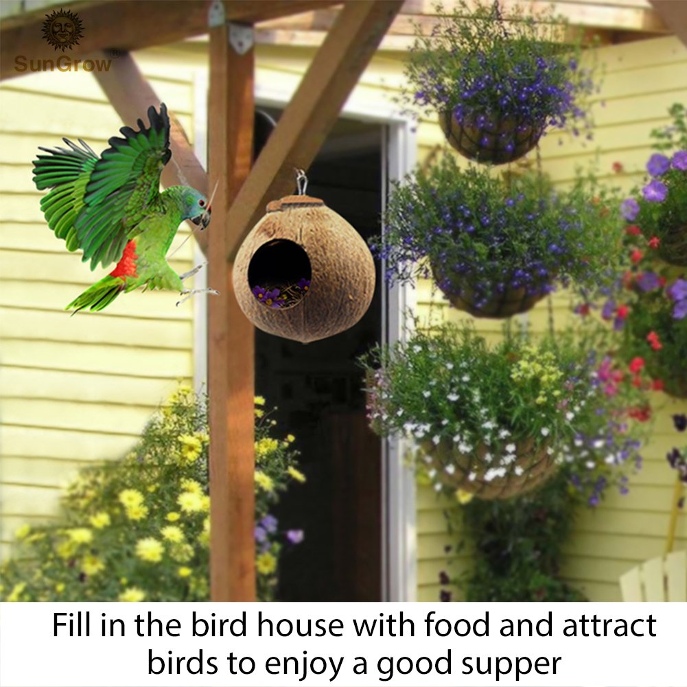 SunGrow Bird House: 100% Natural Coconut Shell: Nesting House or Bird Feeder: Sustainable Materials: Natural Textures Encourage Foot and Beak Exercise: Includes Hanging Loop