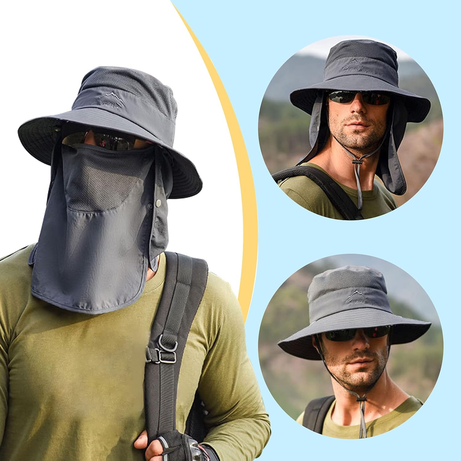 Fishing Hat for Men & Women, Outdoor UV Sun Protection Wide Brim Hat with Face Cover & Neck Flap Dark Grey: Clothing