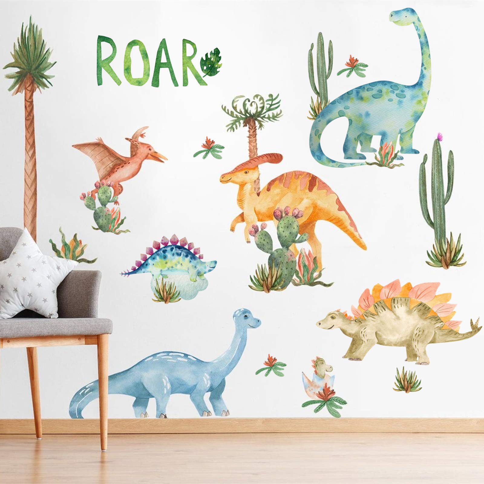 Photo 1 of Yovkky Watercolor Dinosaur Nursery Wall Decals, Large Peel and Stick Dino Tropical Plant Stickers Cactus Palm Leaf Decor, Home Kitchen Decorations Boy Girl Kid Baby Toddler Bedroom Playroom Art Gift