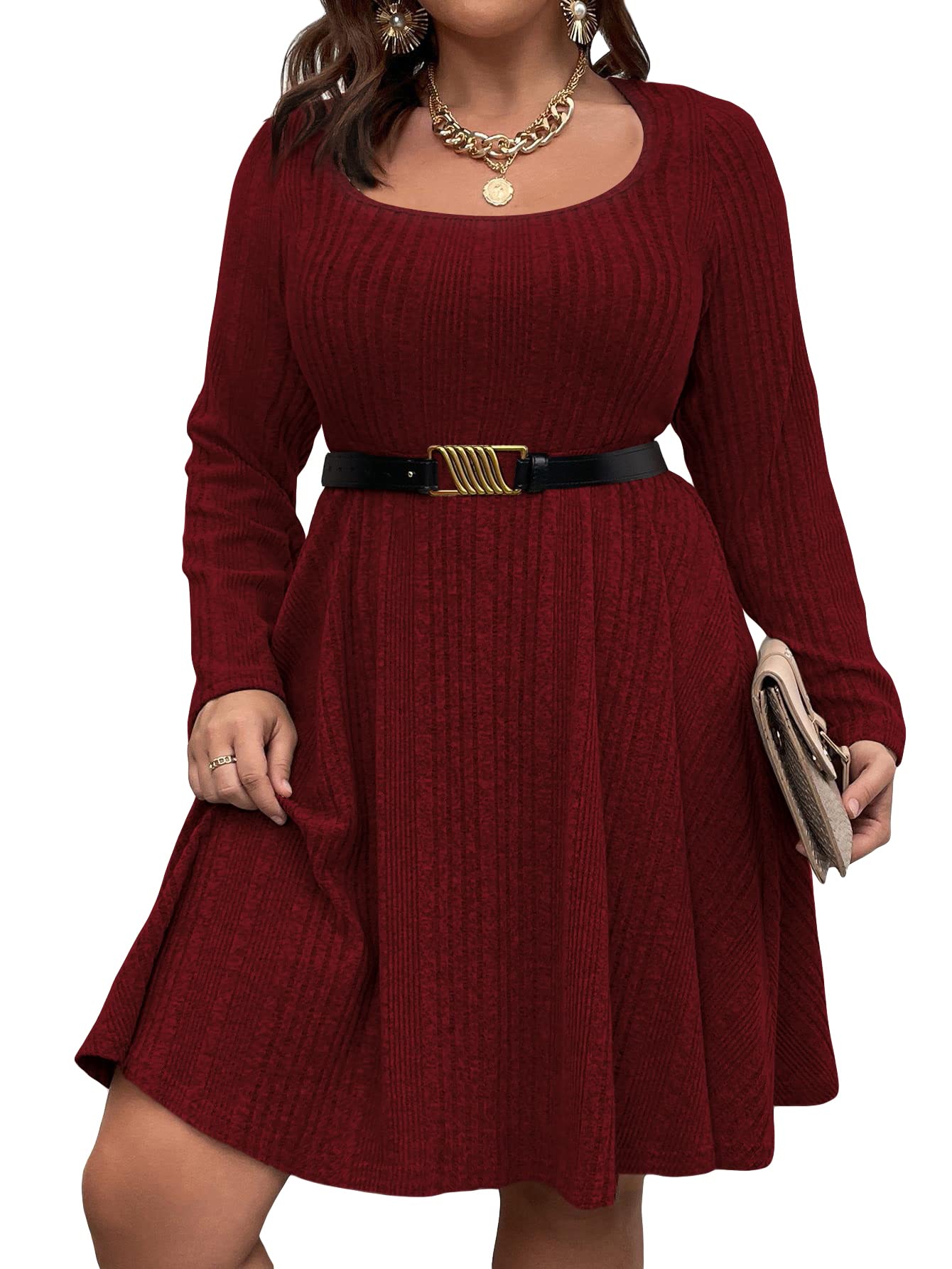 Photo 1 of MakeMeChic Women's Plus Size Ribbed Knit Long Sleeve Scoop Neck A Line Flared Short Dress Plus Burgundy 4XL