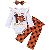 TUEMOS Thanksgiving Outfits Baby Girl My First Thanksgiving Romper+Polka Dot Pant+Headband Baby Girl Thanksgiving Clothes Set