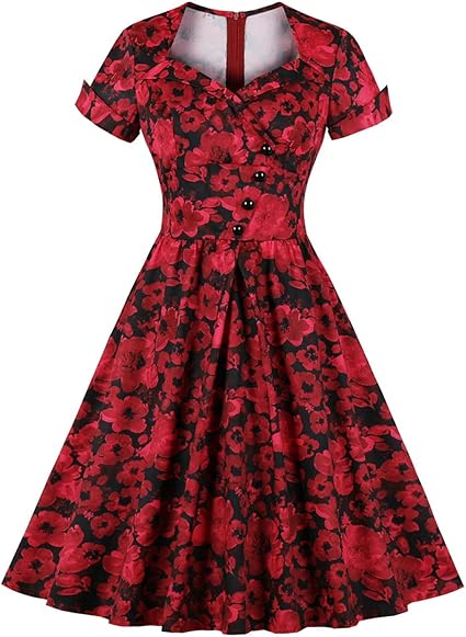 KILLREAL Women's Vintage Floral Short Sleeve Square Neck A-line Casual Cocktail Christmas Party 