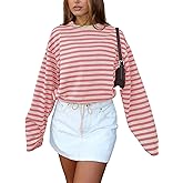 Vivitulip Women’s Casual Striped Sweatshirt Relaxed Fit Round Neck Long Sleeve Drawstring Cropped Pullover Tops
