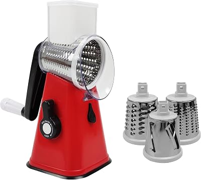 AMOS Rotary Multifunction Cheese Grater Vegetable Fruit Slicer 3 Drum Blades Red