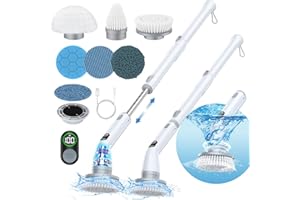 LABIGO Electric Spin Scrubber LA4 Pro, Dual Speed Bathroom Scrubber with Display & 6 Replacement Cleaning Heads, Cordless Power Scrubber with Adjustable & Detachable Handle for Bathroom Floor Tile