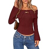 MEROKEETY Women's Off Shoulder Sweater 2025 Fall Cute Bell Long Sleeve Ribbed Knit Winter Pullover Knit Outfits
