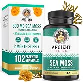 Ancient Bliss Organic Irish Sea Moss Pills - Dr Sebi Wildcrafted Seamoss Capsules | Thyroid, Healthy Skin &amp; Gut Support | 120 Capsules