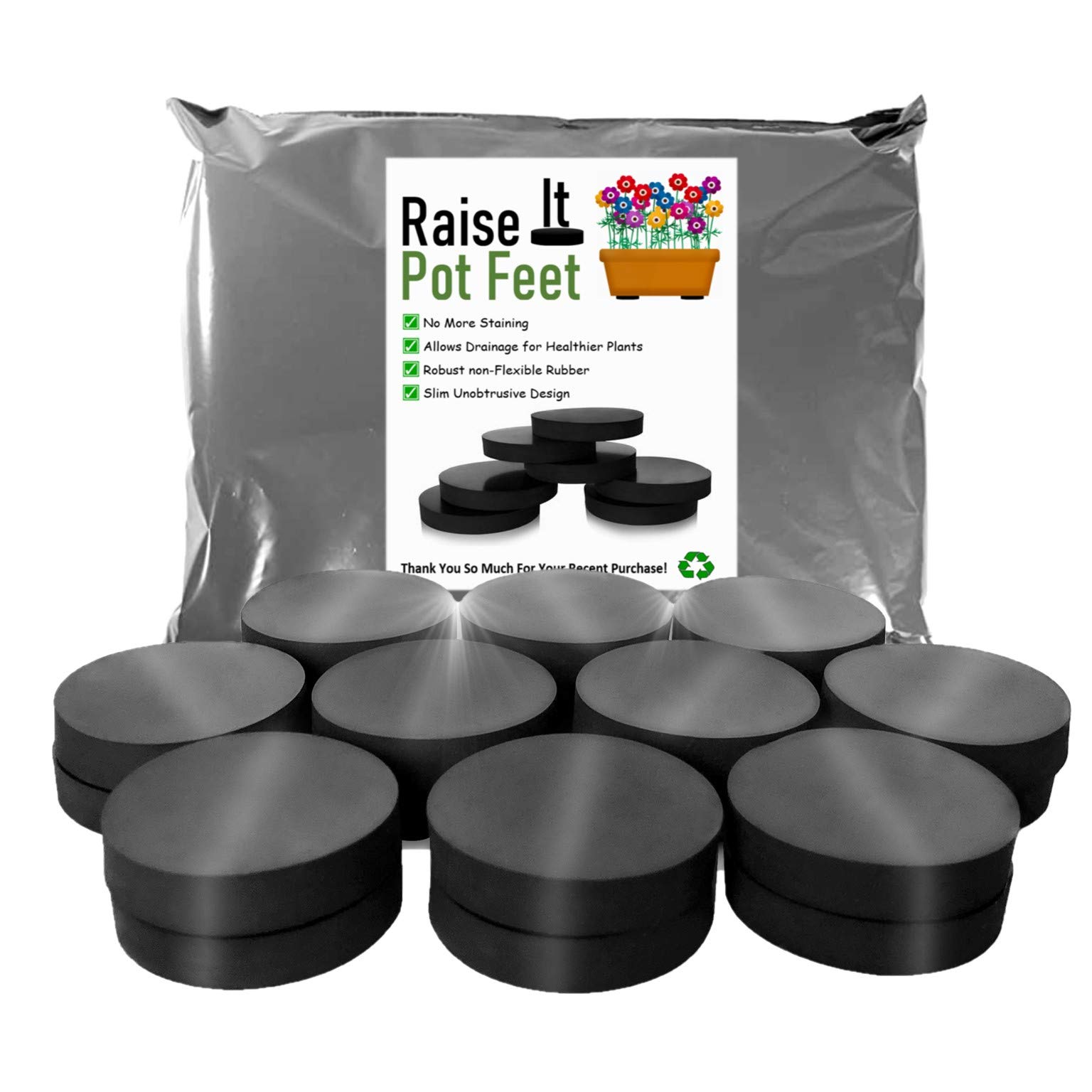 Raiseit Pot Feet - Flower/Plant Pot Feet for Invisible Lifting of Pots - Hard Wearing Non Compression Rubber - PACK OF 15 Discreet Low Profile Anti-Slip Rubber