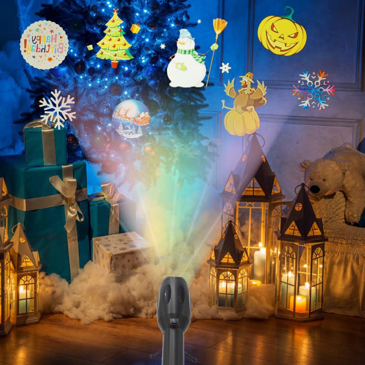 LED-Projektor für Weihnachten, Handheld-LED-Projektor 12 Folienmuster mit Musik für Geburtstag, Halloween, Weihnachten, Neujahr