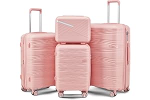 TRAVELEO 4-Piece Expandable Hardshell Luggage Set with TSA Lock (14/20/24/28) - Lightweight PP Suitcases, 360° Silent Spinner Wheels and Durable 100LB Handle for Air Travel (Pink)