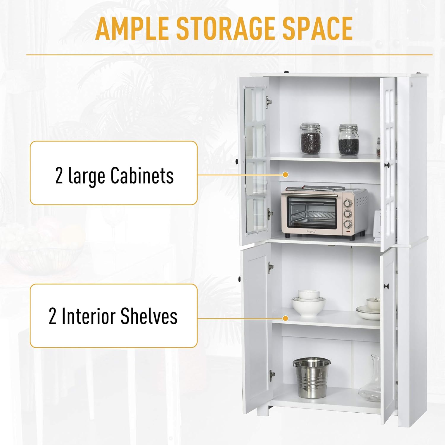 HOMCOM Contemporary Kitchen Pantry Freestanding Storage Cabinet Cupboard with Framed Glass Doors and Shelves, White: Furniture & Decor