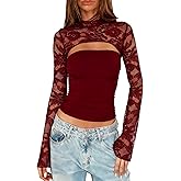 ZEXIGLAD Women’s Lace Long Sleeve Going Out Top Sexy Cut Out Y2K Crew Neck Club Party Night Out Tops Mesh Lace Blouse Shirt