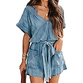 DEPENSL Womens Ruffle Denim Romper Summer Short Sleeve V Neck Belted Jean Overall Shorts Romper With Pockets