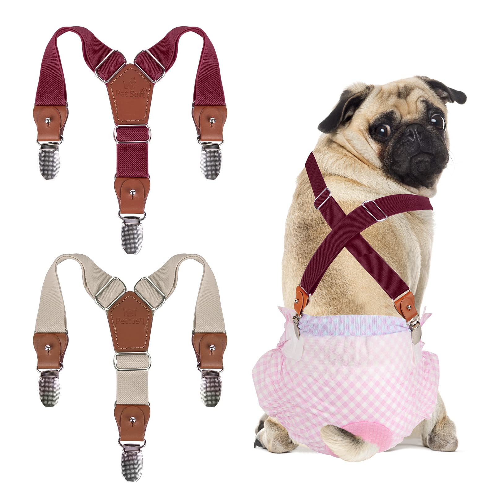 Pet Soft Dog NappySuspenders, 2Pcs Dog Diaper Suspenders for Bitches/Boys, Pet Belly Bands Pants Keeper (Beige-Wine, XS-S)