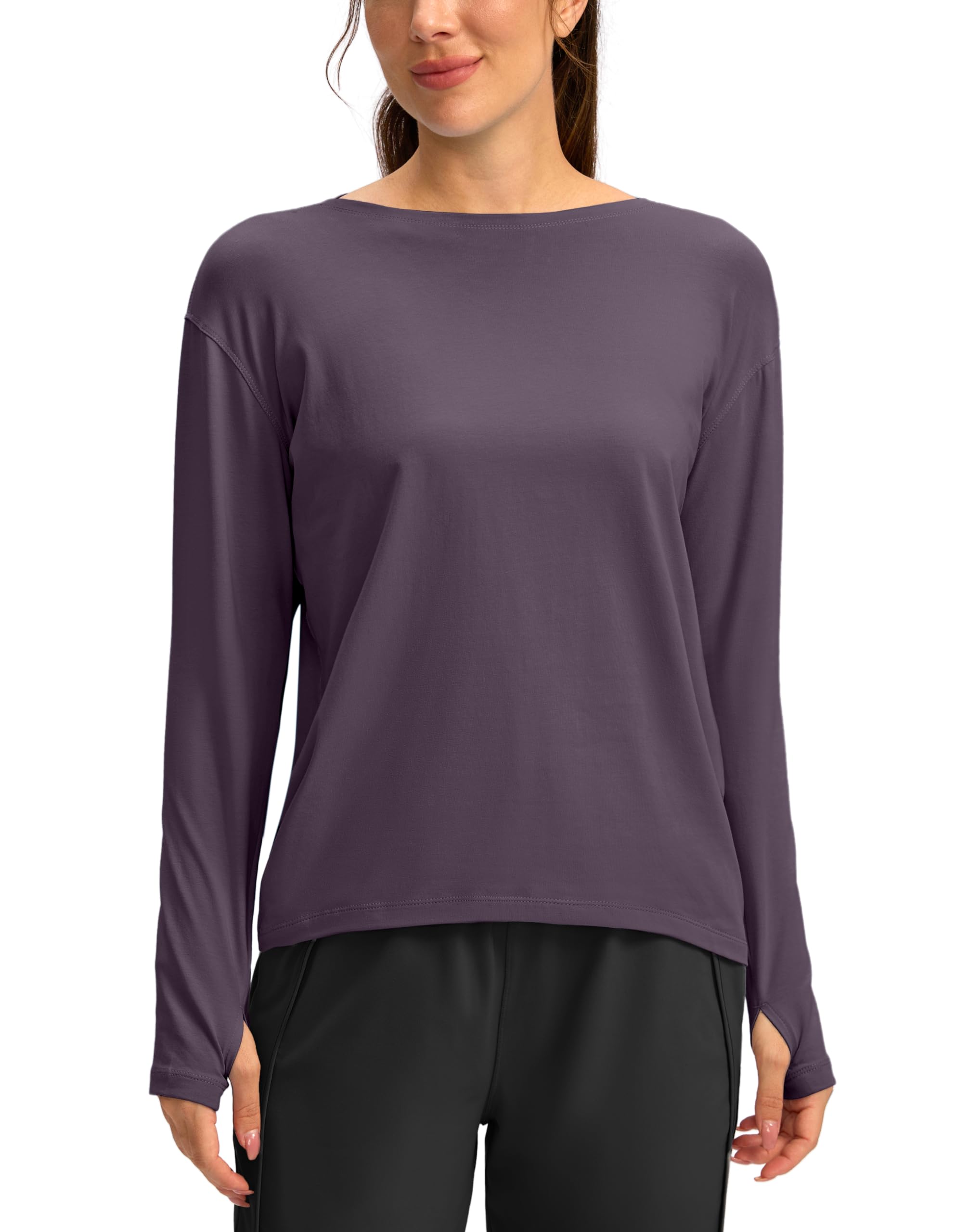 Photo 1 of Soothfeel Long Sleeve Workout Shirts for Women Loose Fit Yoga Running Athletic Shirts Cotton Active Tops with Thumb Hole (Lavender_Gray,L)