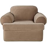 SureFit Stretch Pinstripe T-Cushion Chair Cover, Form Fit, Polyester/Spandex, Machine Washable, Taupe Color