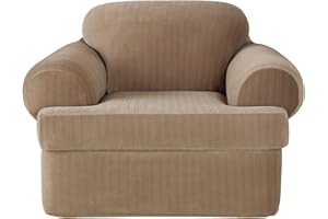 SureFit Stretch Pinstripe T-Cushion Chair Cover, Form Fit, Polyester/Spandex, Machine Washable, Taupe Color