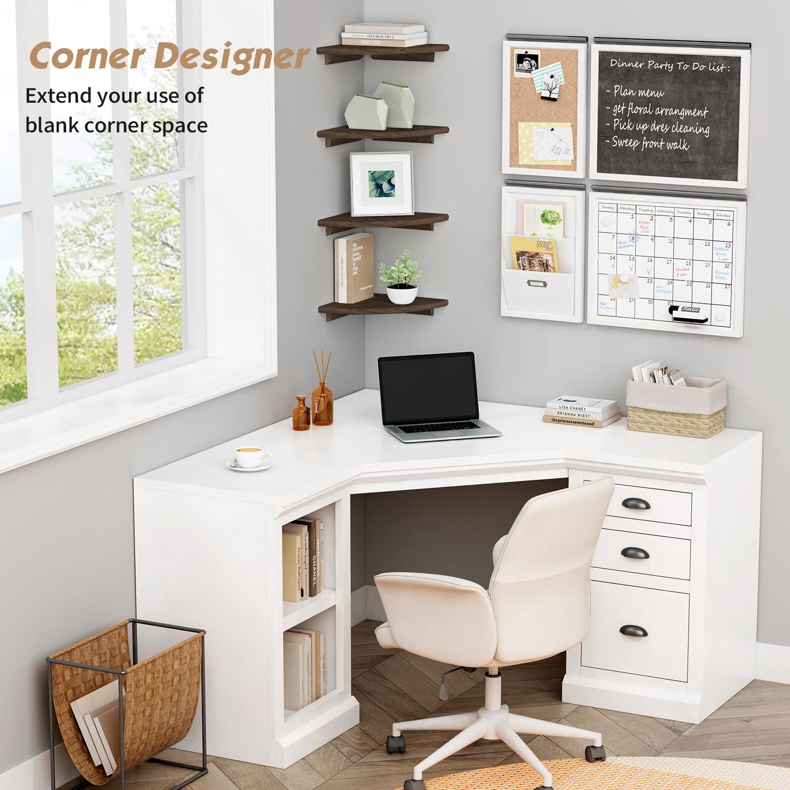 Forbena Floating Corner Shelves for Wall Set of 4, Small Corner Bookshelf for Bedroom Books, Round Wooden Corner Shelf Wall Mount for Bathroom Plants, Kitchen, Living Room Decor (Dark Brown)