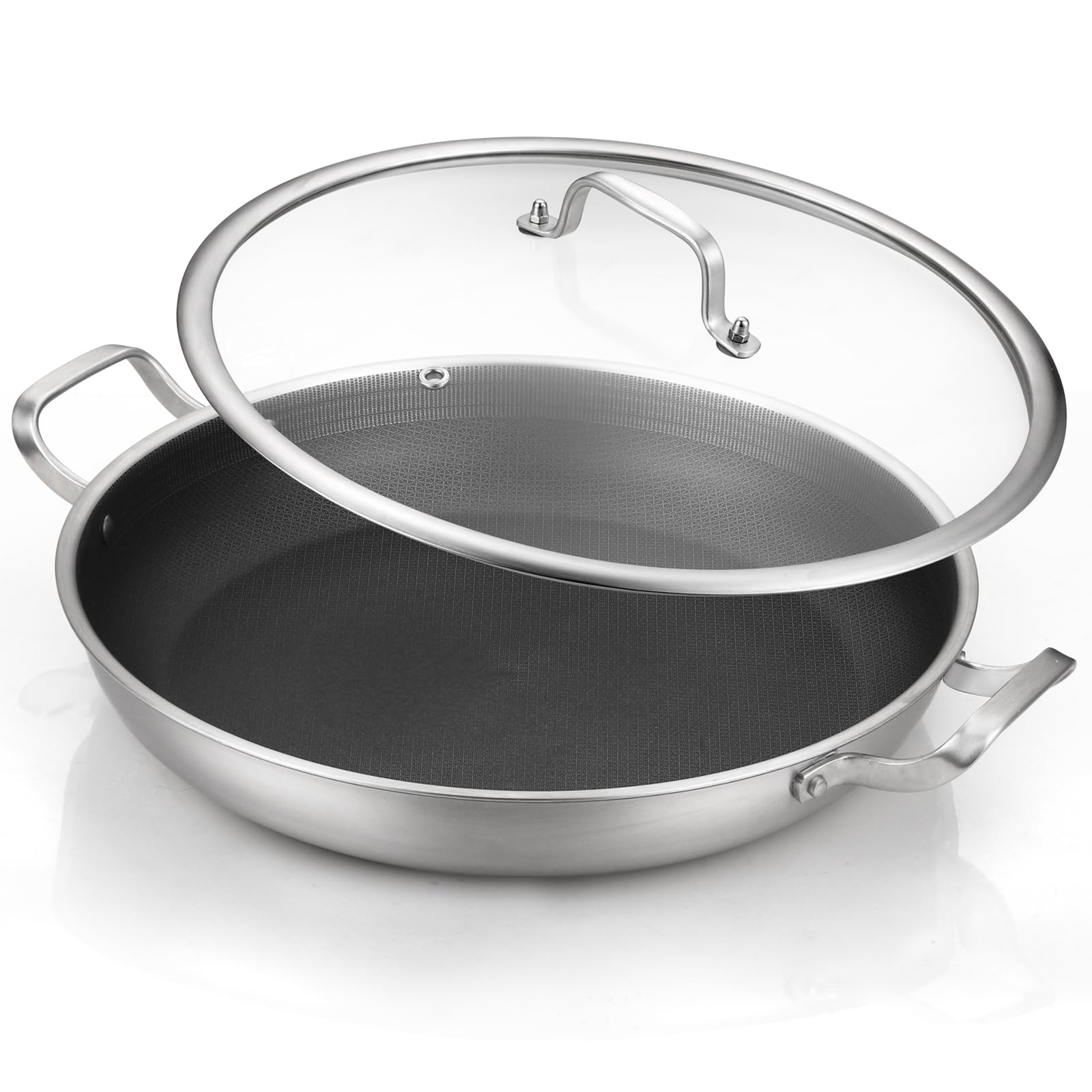 Photo 1 of DELARLO Paella Pan 14 Inch Tri-Ply Stainless Steel Paella Pan with Lid Nonstick Frying Pan, Hybird Induction Large Skillets,Great for Paella Parties Indoors Outdoors,Heavy Duty Style