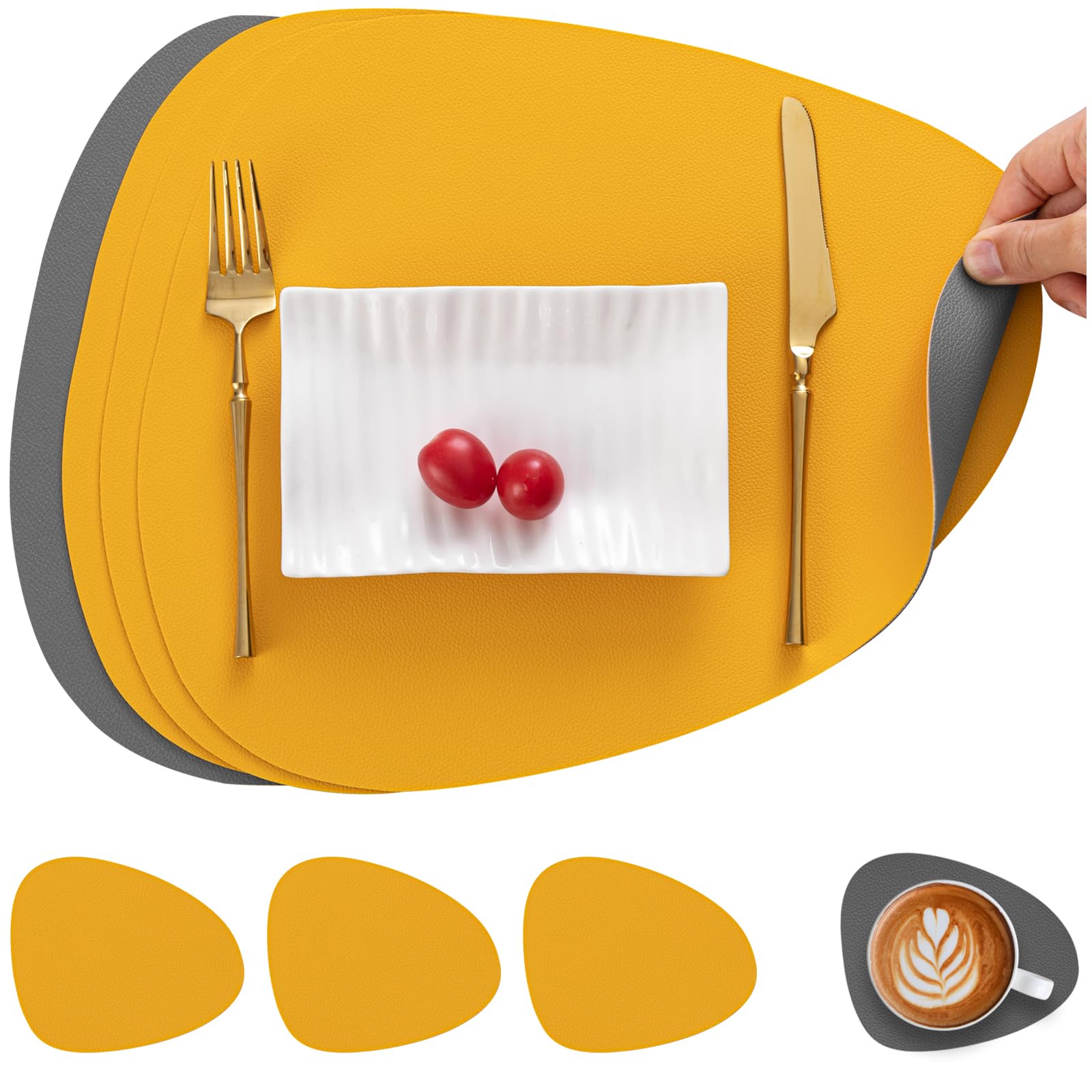 Myir JUN Leather Table Mats and Coasters, Placemat Round PU Waterproof Dual-Sided Kitchen Place Mats Coffee Mats Non-Slip Washable Placemats and Coaster Sets 4 (Set of 4, Grey Yellow)