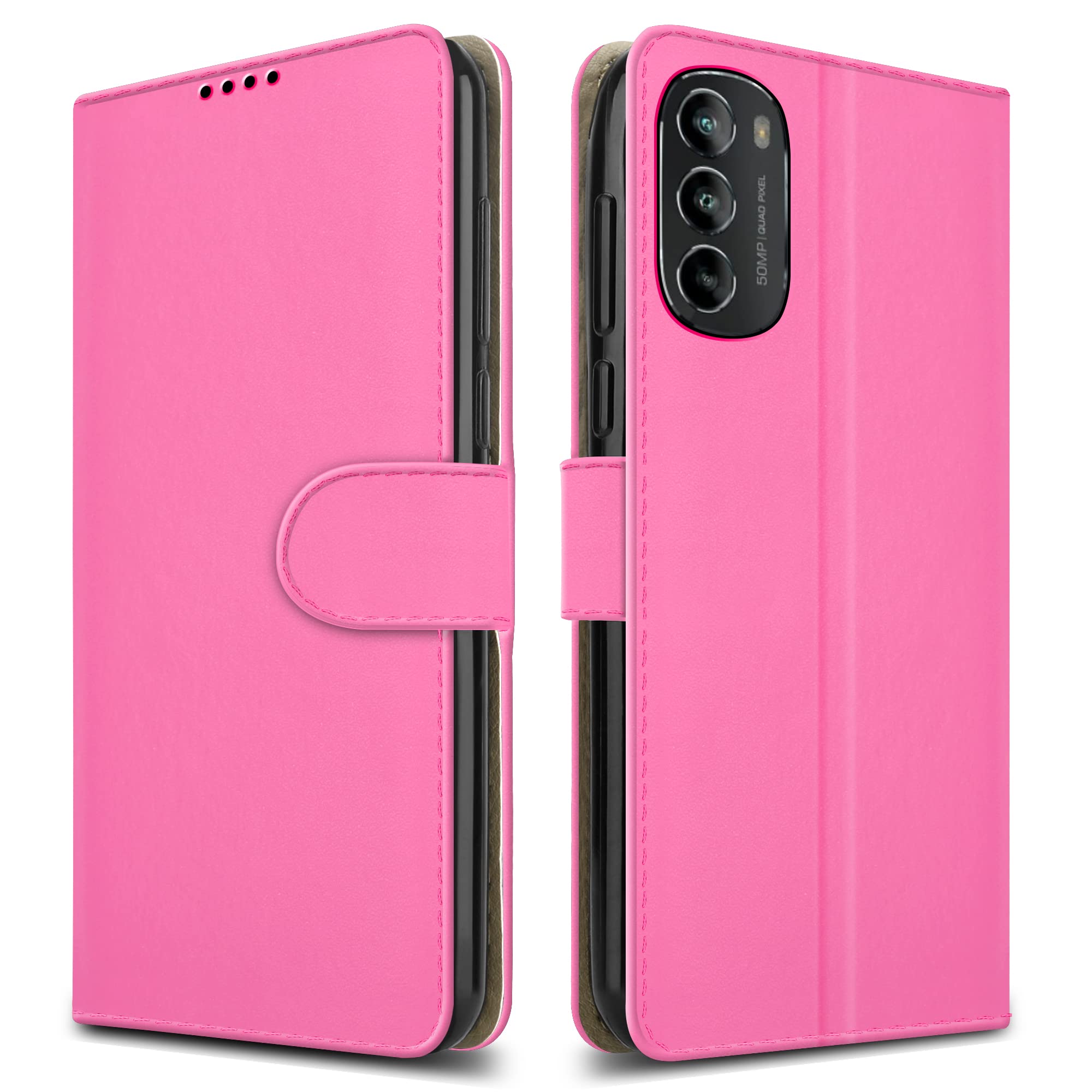 PIXFAB For Motorola G82 5G Leather Phone Case, Magnetic Closure Full Protection Book Folio Design, Wallet Case Cover [Card Slots] and [Kickstand] For Motorola Moto G82 (5G) - Pink