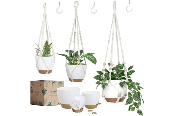 Bouqlife Hanging Planters with Macrame Plant Hangers for Indoor Outdoor Plants 3 Set Self Watering Pots Hanging Baskets Flowe