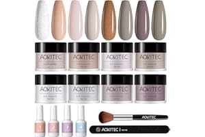 Aokitec 14Pcs Dip Powder Nail Kit Starter, 8 Colors Nude Brown Series Skin Tone Glitter Dipping Powder Liquid Set with Base Top Gel Activator Brush for French Nails Art Manicure DIY Salon for Women