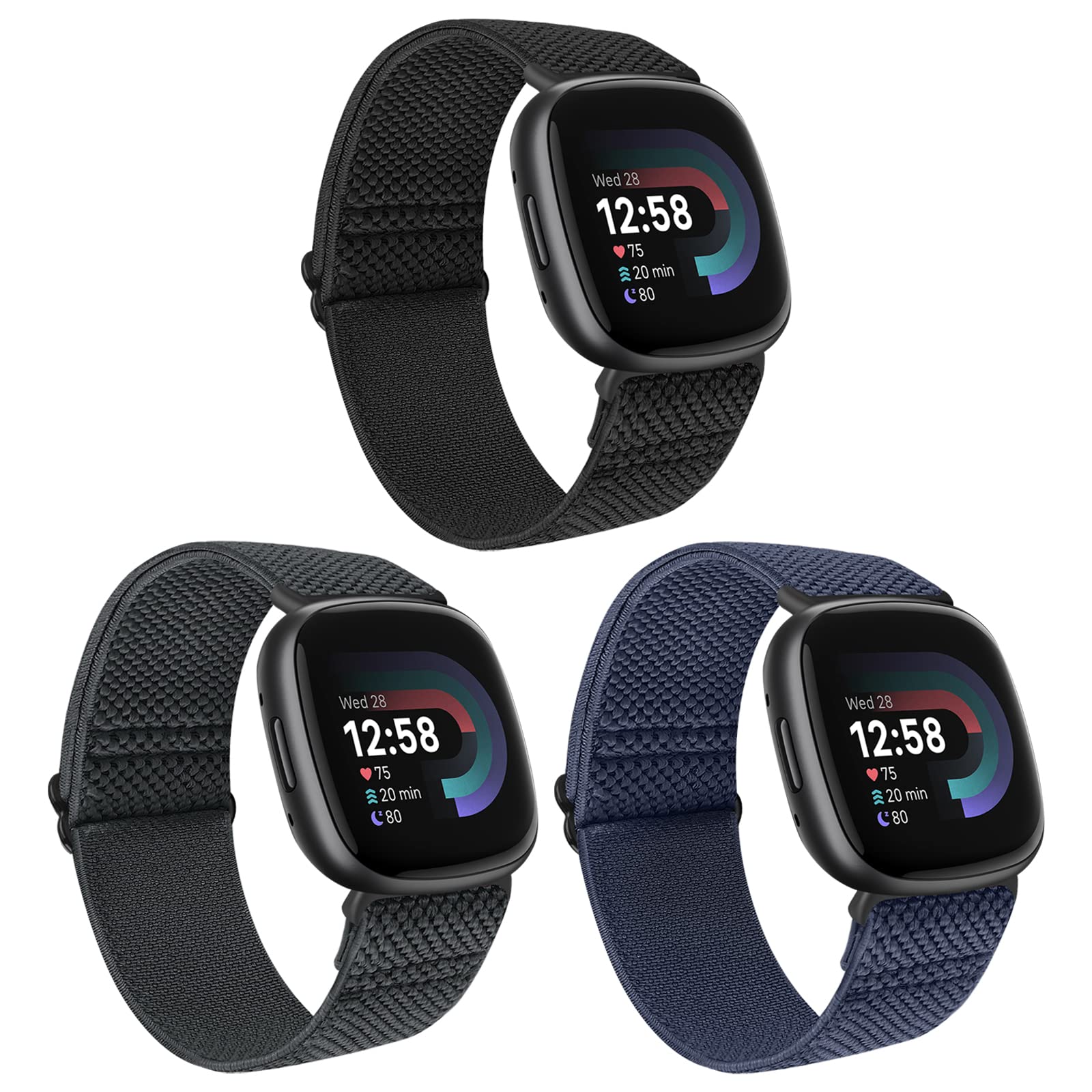 Huamanlou 3 Pack Elastic Nylon Straps Compatible with Fitbit Versa 4/Versa 3/Sense 2/Sense, Soft Loop Adjustable Sport Replacement Wristbands for Women Men