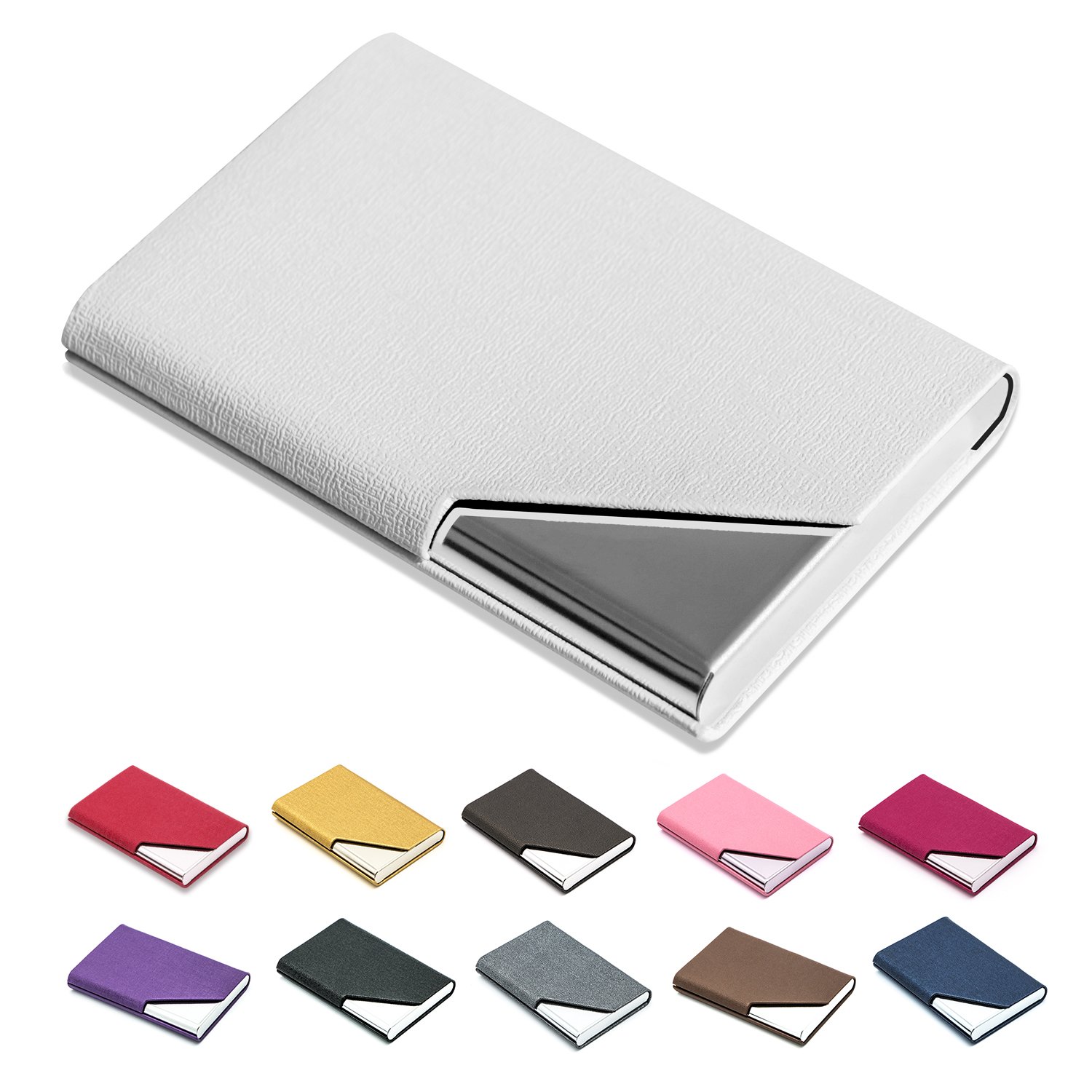 padike Business Name Card Holder Luxury PU Leather & Stainless Steel Multi Card Case,Business Name Card Holder Wallet Credit Card ID Case/Holder for Men & Women (White)