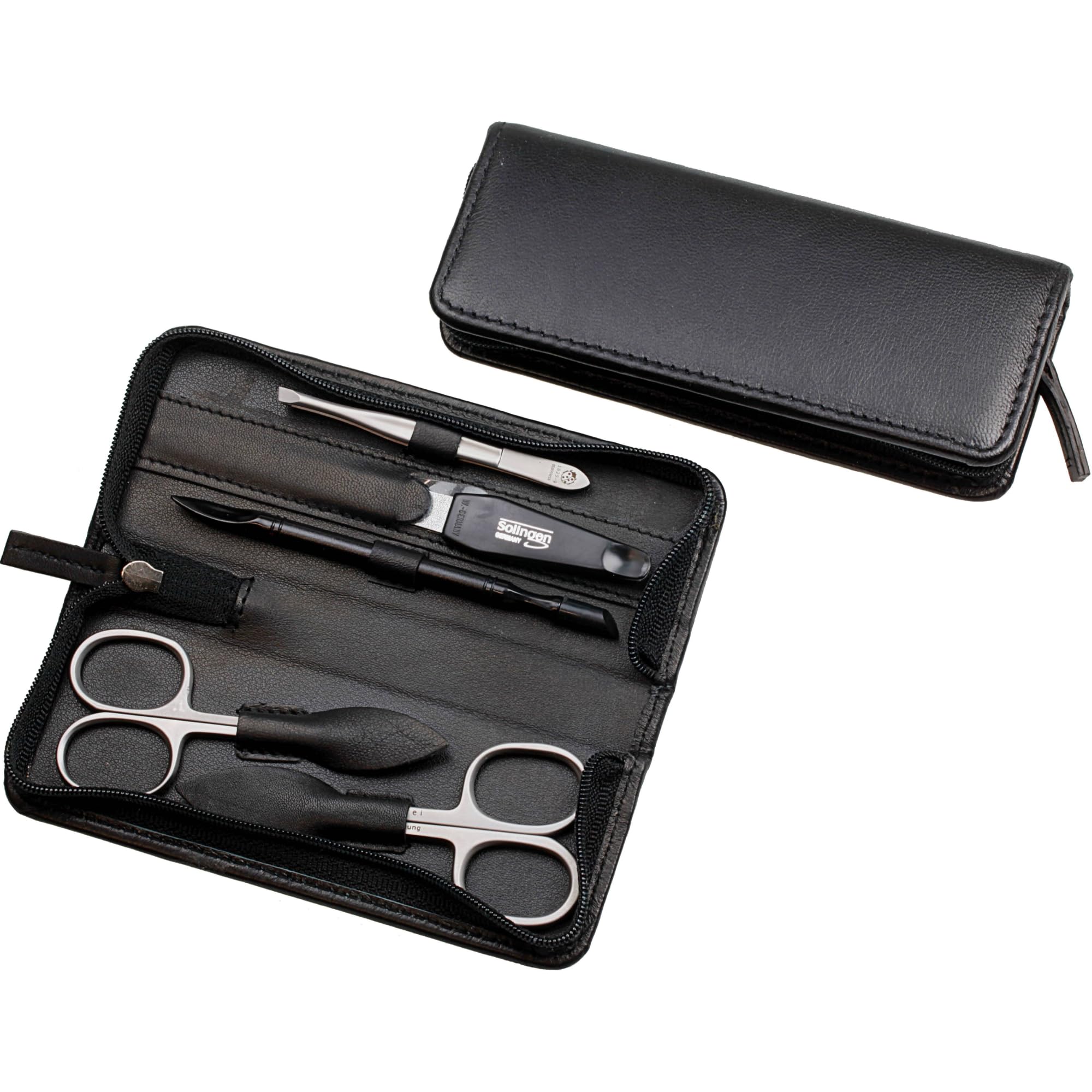 Sonnenschein by Hans Kniebes Manicure Set, 5 Pieces, Nail Scissors, Cuticle Scissors, Nail File, Tweezers, Manicure Hoof Stick, Stainless Steel, Nappa Lambskin Leather Case