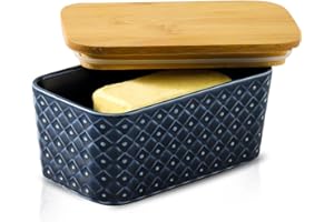 Tikooere Ceramic Butter Dish with Lid,Large Butter Container with Airtight Cover for Countertop or refrigerator,Farmhouse Butter Holder for Kitchen Gifts,Dishwasher Safe,Navy Blue Embossed Pattern