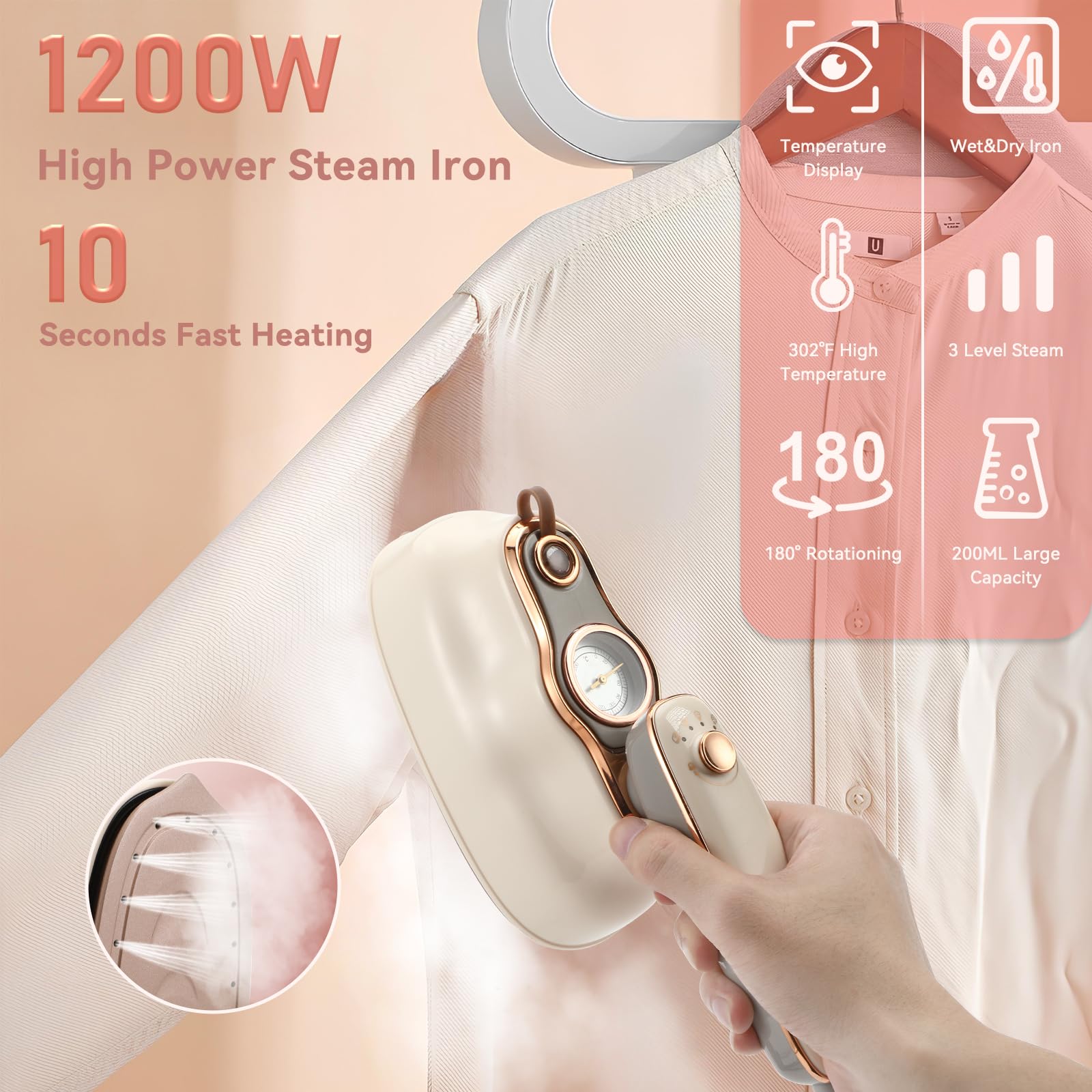 Steamer Iron for Clothes, Biupky 1200w Travel Steamer or Clothes Portable Mini, 180° Rotating Handheld Portable Steamer Mini Iron Travel Steamer for Clothes Travel Iron for Home and Travel