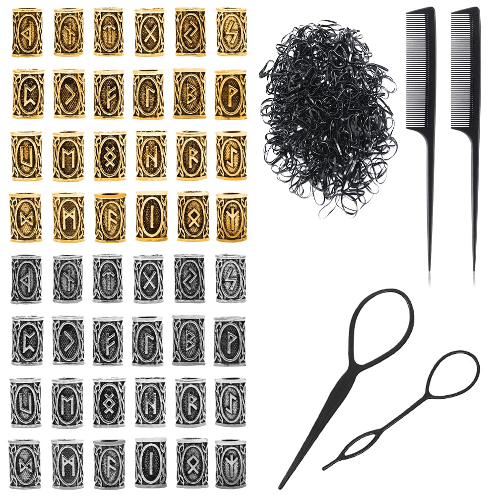 Keboyoe 48 Hair Beads Beard Baubles Viking for Men, Jewellery Hair Accessories Vikings Runes Braid Women, Norse Dreadlock Decorative with 1000 Rubber, DIY Bracelet Necklace Jewelry, Gold and Silver
