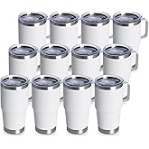 20oz Tumbler Bulk with Lid, Stainless Steel Tumbler Bulk with Handle, Metal Insulated Travel Coffee Mug Set with Handle, Double Wall Vacuum Leak Proof Tumbler Cup, White 12 Pack