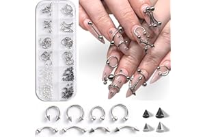 Furtherpretty Piercing Nail Charms Set, 3D Silver Alloy Goth Punk Nail Art Decorations, Triangle Spike Rivets & Metal Rings, Y2K Pierced Nail Charms for DIY Manicure & Salon Accessories