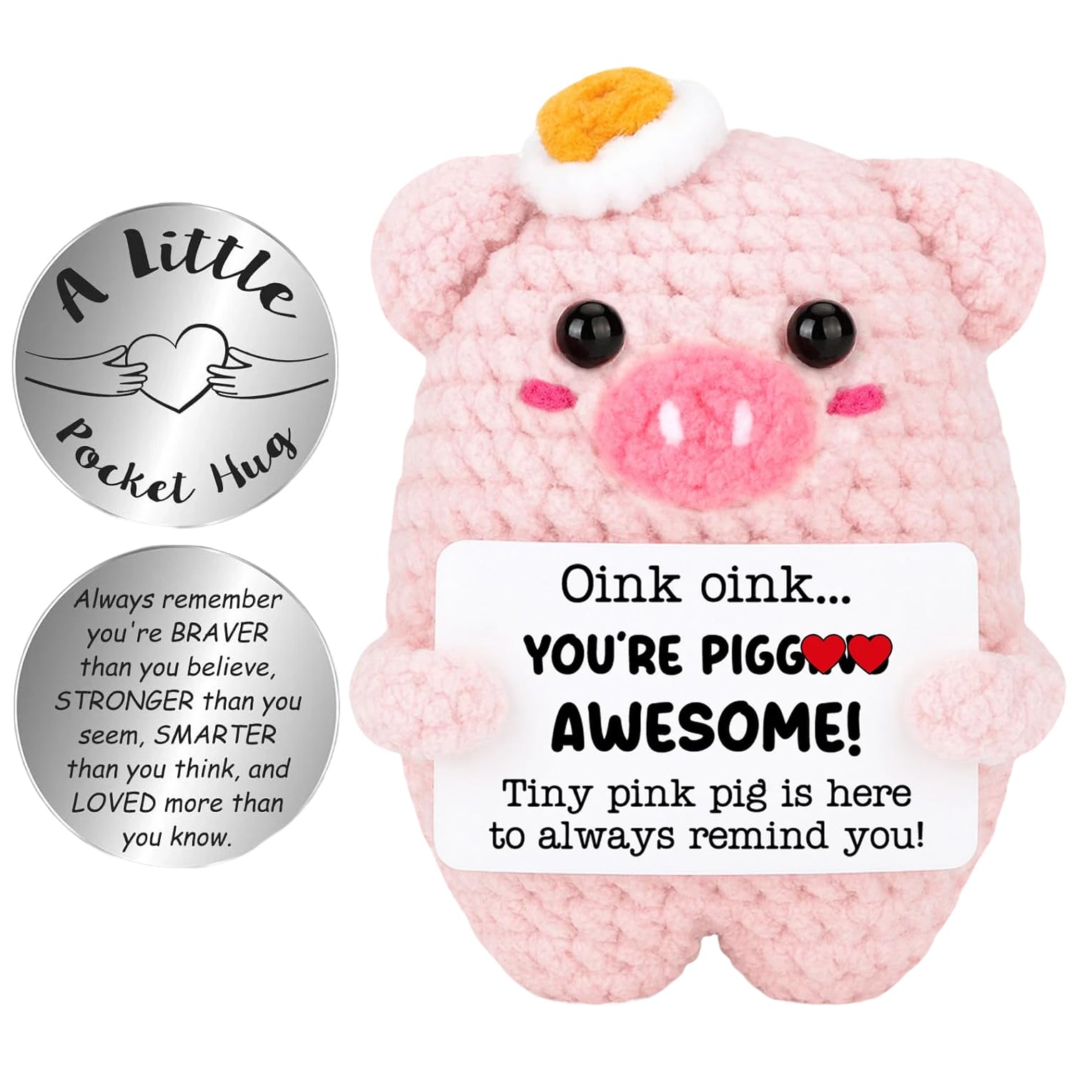 Laicaii Positive Crochet Animals, Pink Pig with Pocket Hug Coin, Handmade Emotional Support Crochet, Pig Plush Toy Good Luck Gifts, Motivational Gift for Women Proud of You Pig Gifts for Women