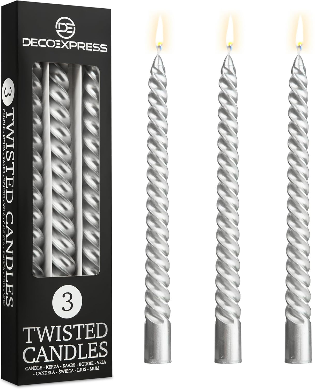 DECO EXPRESS Candles, Pack of 3 Dinner Candles, Non Drip Twisted & Non Scented, Long 6 Hours Burning Time, Cosy Home Decor, Birthday, Valentine’s Day & Mother’s Day Gift Idea (Silver, Pack of 3)