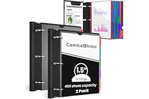 CAMICEBOLSO Telescoping 3-Ring Binder 1.5 Inch,2Pack Project Organizer Binder Black Flexible Binders 450 Sheets Capacity with 5 Colors Divider and Tabs,for School Binder or Office Binder Supplies.