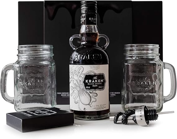 The Kraken Black Spiced Rum Gift Set 35 Cl Bottle Of The Kraken Rum 2 X The Kraken Mason Jar Glasses A Bottle Pourer And A Pack Of Playing Cards Amazon Co Uk