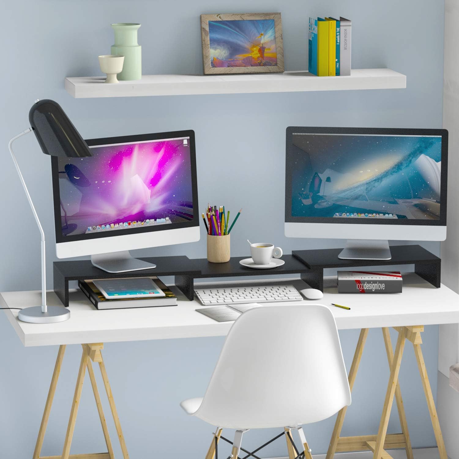 5Rcom Dual Monitor Stand 3 Shelves Desk Riser with Adjustable Length and Angle Computer TV PC Laptop Screen Stand, Multi Desktop Stand Storage Organizer for iMac, Printer, Notebook : Office Products
