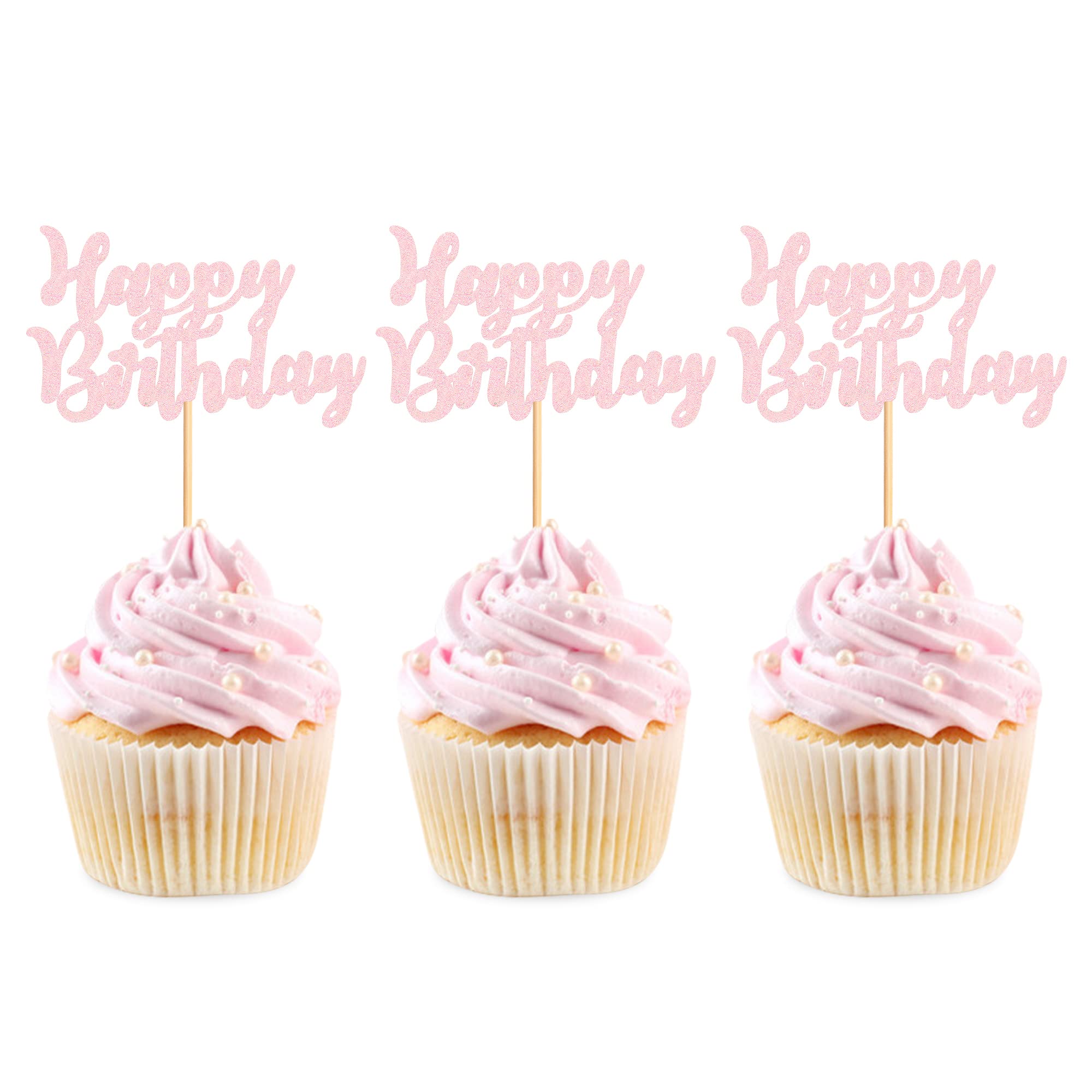 Blumomon 24Pcs Pink Glitter Birthday Cupcake Toppers and Cake Decorations Picks for Party Supplies