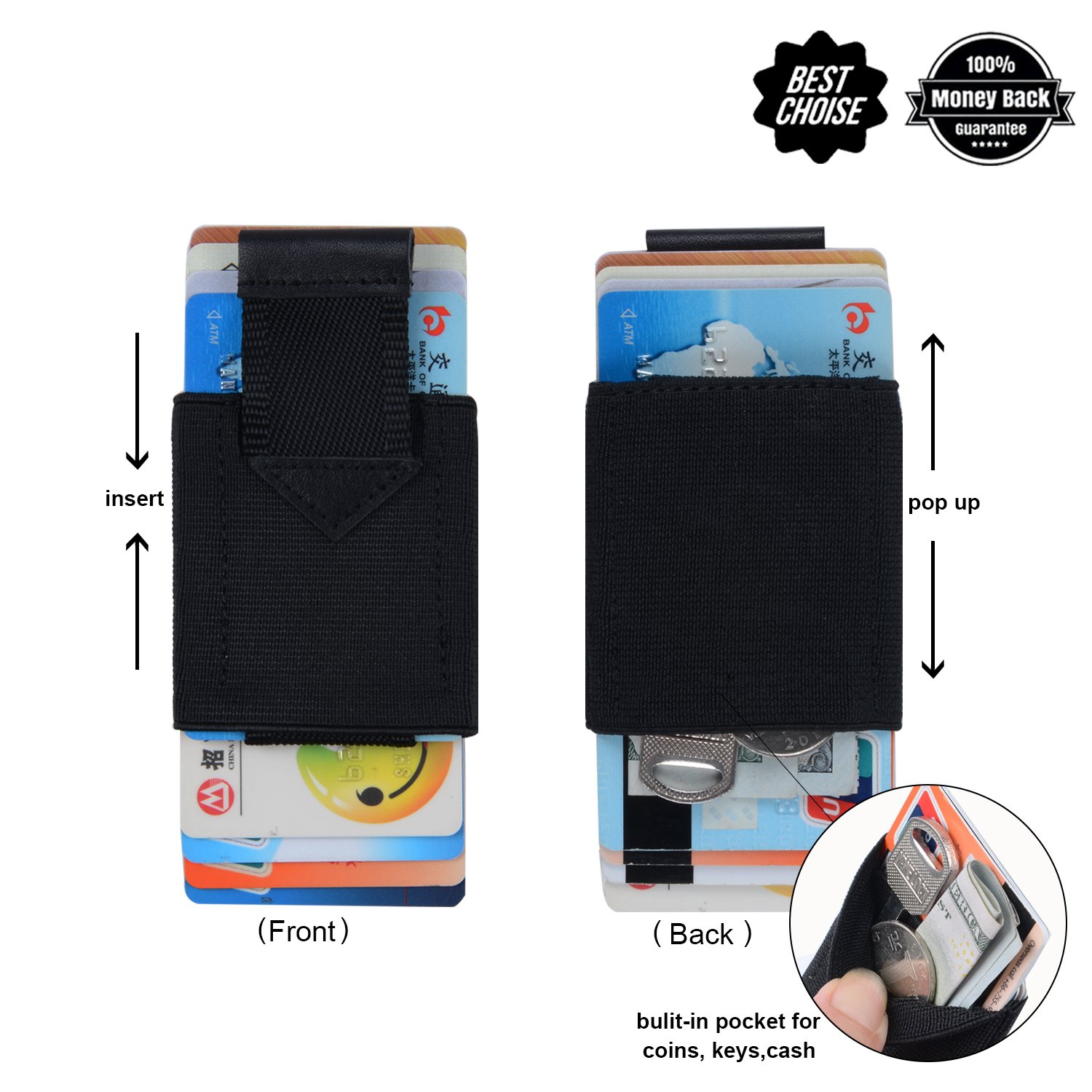 Slim Minimalist Wallet Thin Elastic Card Holder Leather Pull Up Tab With Front Pocket Cash Coin Key Holder For Men Women