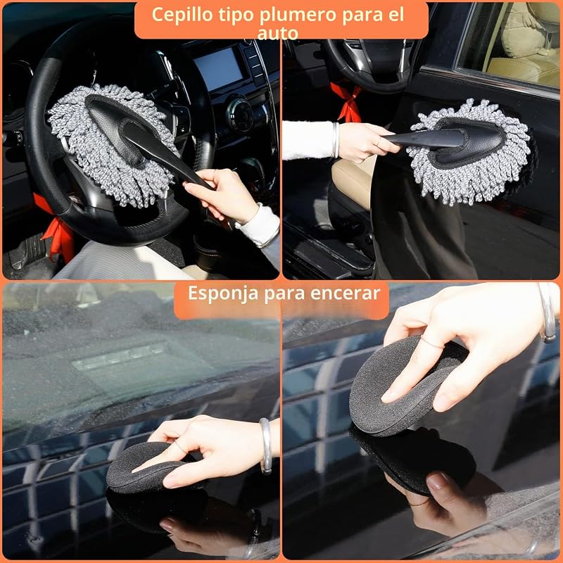 Juego de limpieza para el coche, juego de lavado de coche, juego de 17 piezas para el cuidado del coche para limpieza interior y exterior, salpicadero, rejilla de ventilación, motor, ruedas